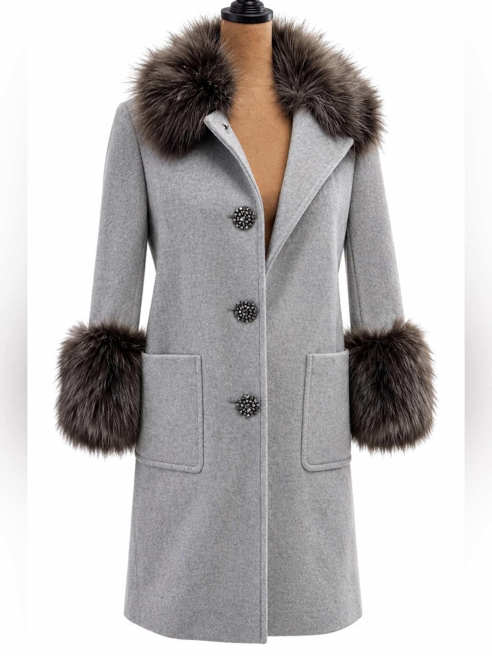 Kate Spade Star Bright Wool Coat Faux Fur Crystal Jewel Buttons Gray